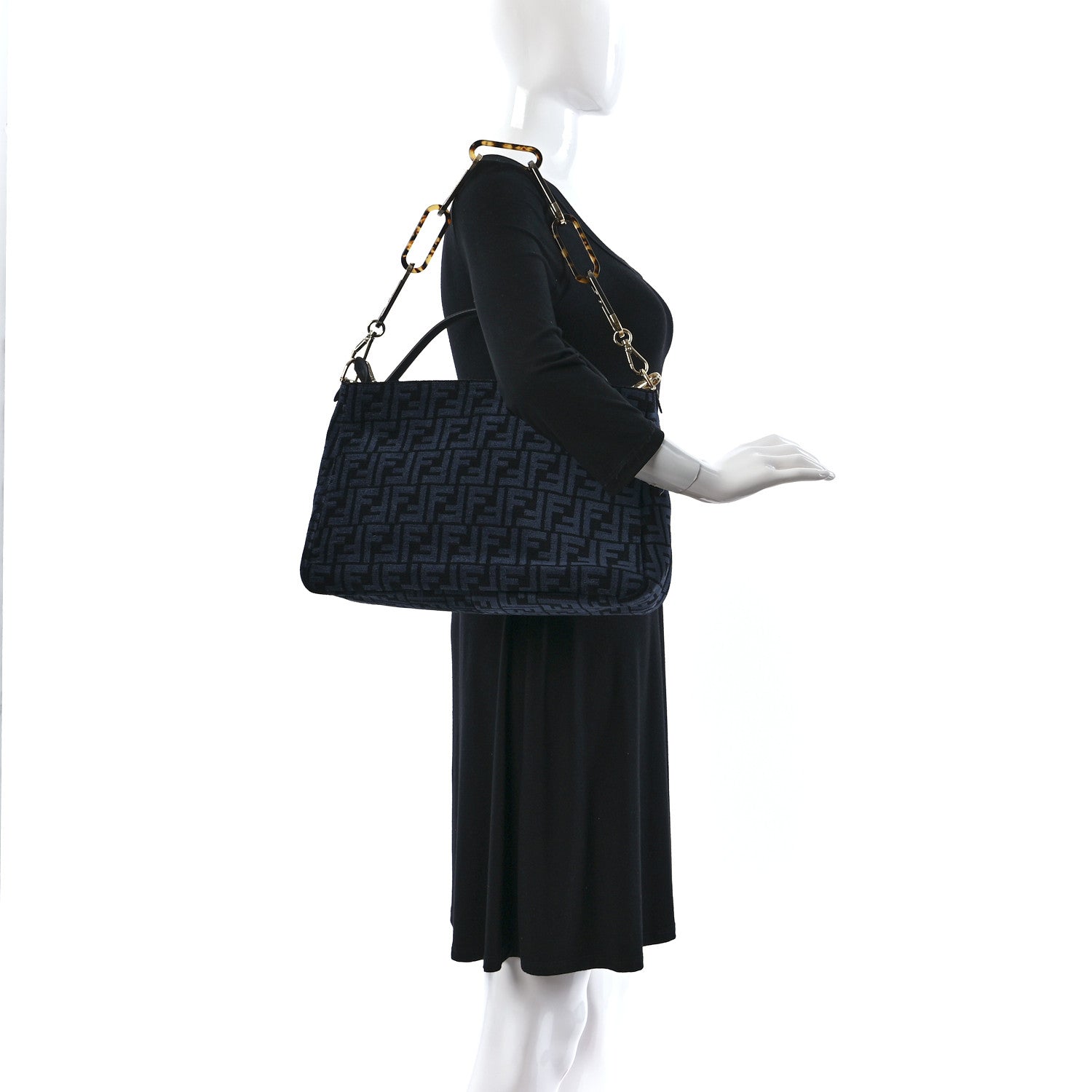 Fendi Chenille Vitello Seta Plexiglass FF Fendi O'Lock Zipper Blue Black 2 of 9