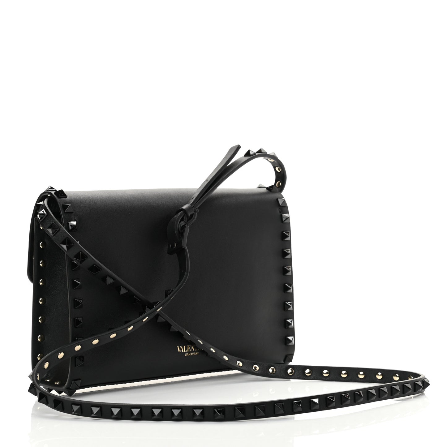 Vitello Monochrome Medium Rockstud Flip Lock Crossbody Bag Black