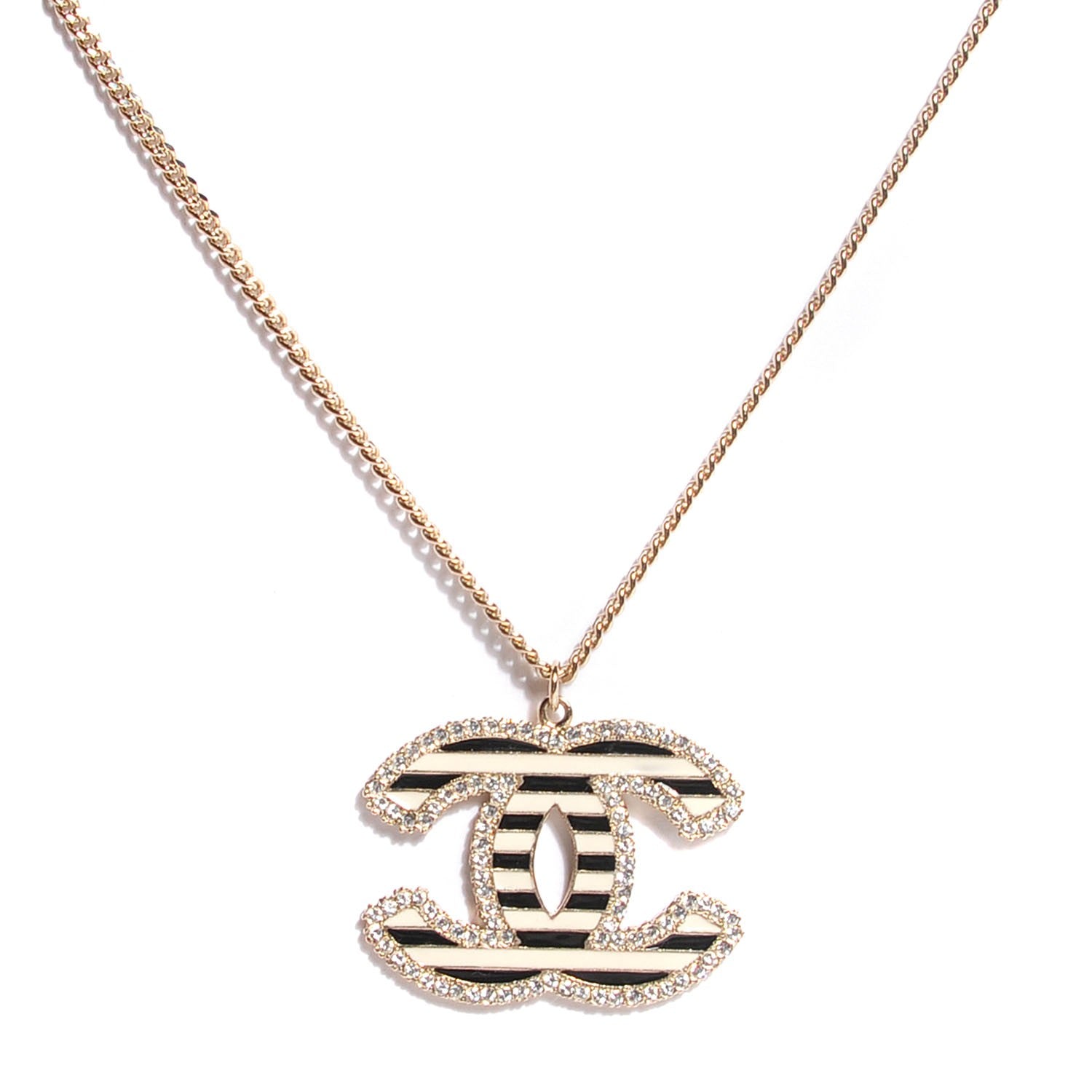 Chanel Crystal Enamel Striped Large CC Necklace Gold Black 1 of 4