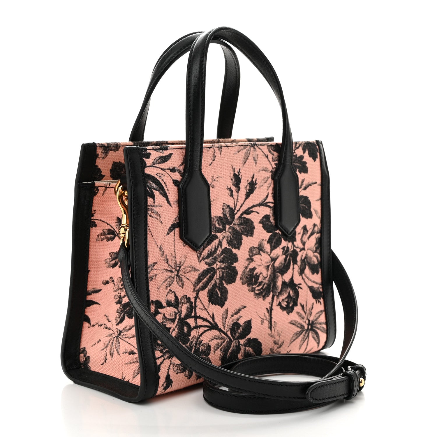 Gucci Canvas Herbarium Print Ribbon Top Handle Bag Pink Black 3 of 10