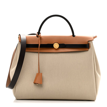 Hermes Military Toile Vache Hunter Herbag Zip Retourne 31 PM Beton Naturel Sable Black Ebene 1 of 11