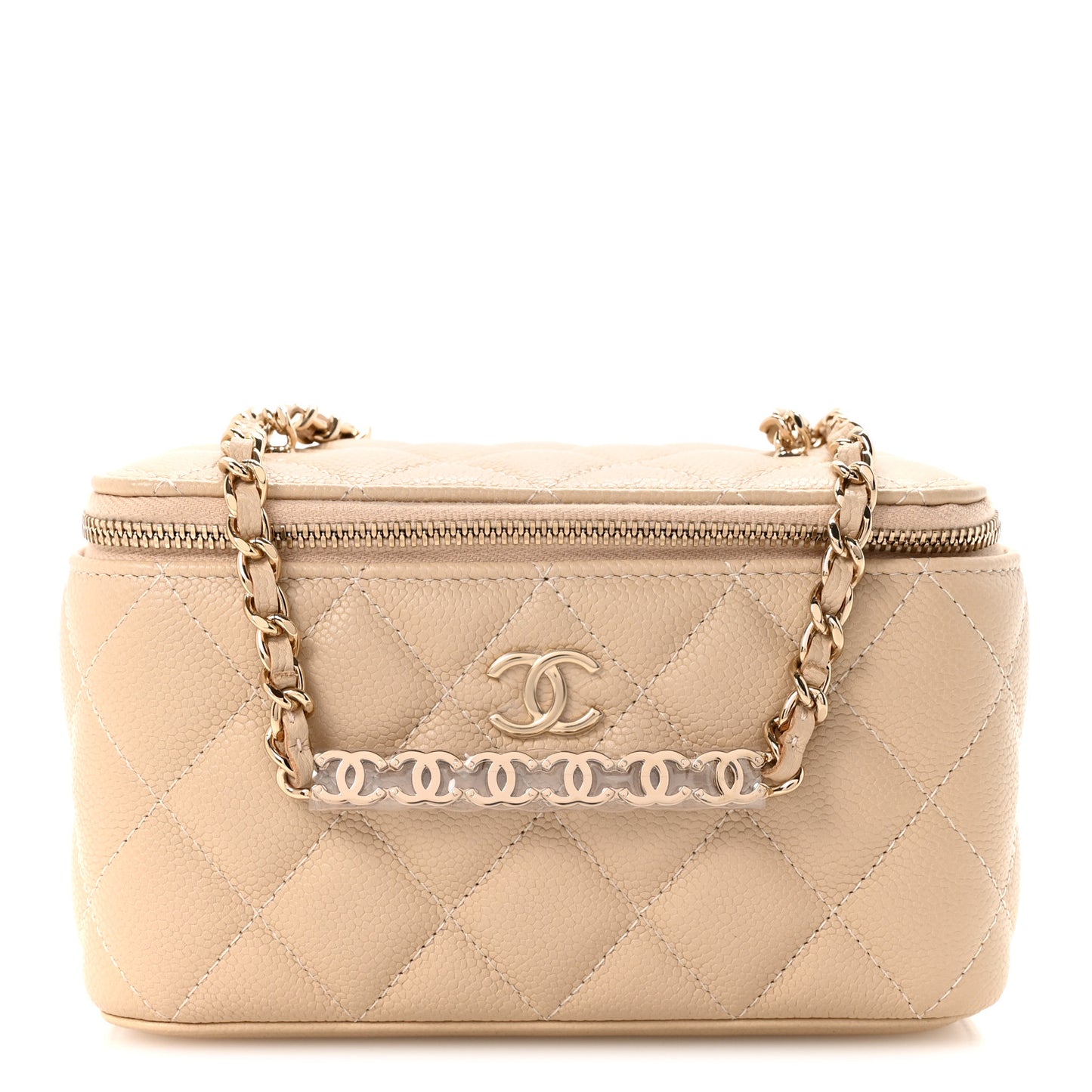 Caviar Quilted Small Tiny CC Vanity Case With Chain Beige