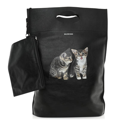 Balenciaga Calfskin Printed Kitten Plastic Bag Shopper S Black 1 of 10