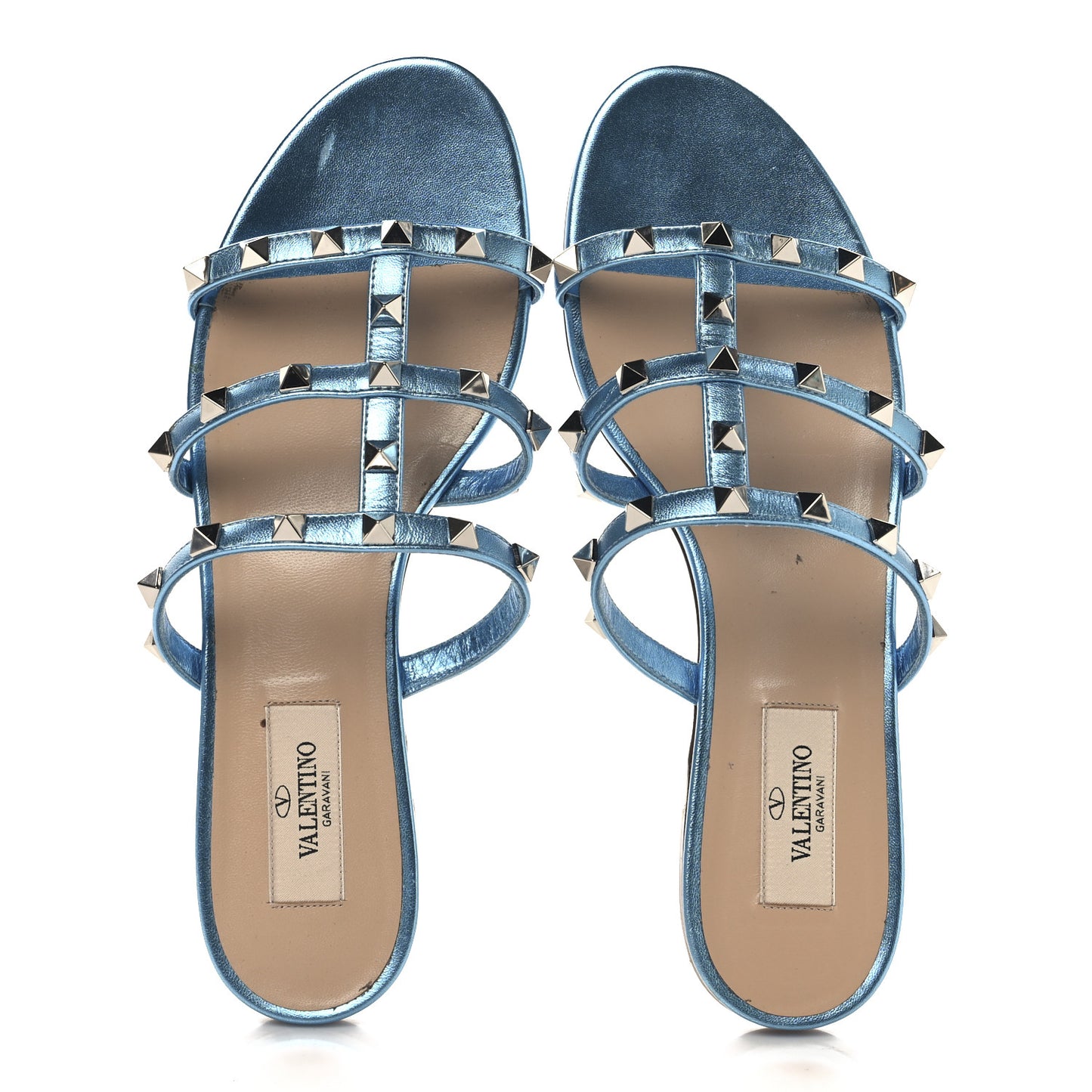 Metallic Nappa Rockstud Caged Flat Slide Sandals 37 Cerulean