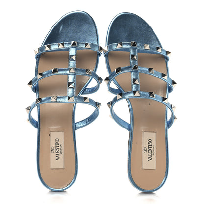 Valentino Garavani Metallic Nappa Rockstud Caged Flat Slide Sandals 37 Cerulean 2 of 11