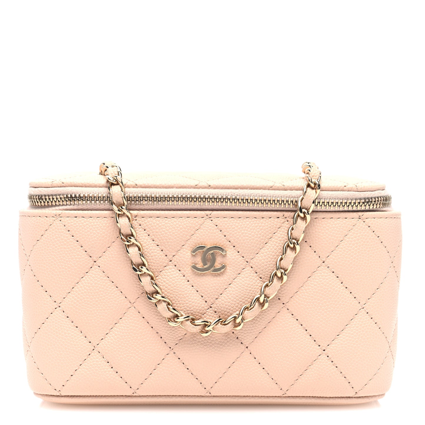 Caviar Quilted Small Vanity Case With Chain Light Beige
