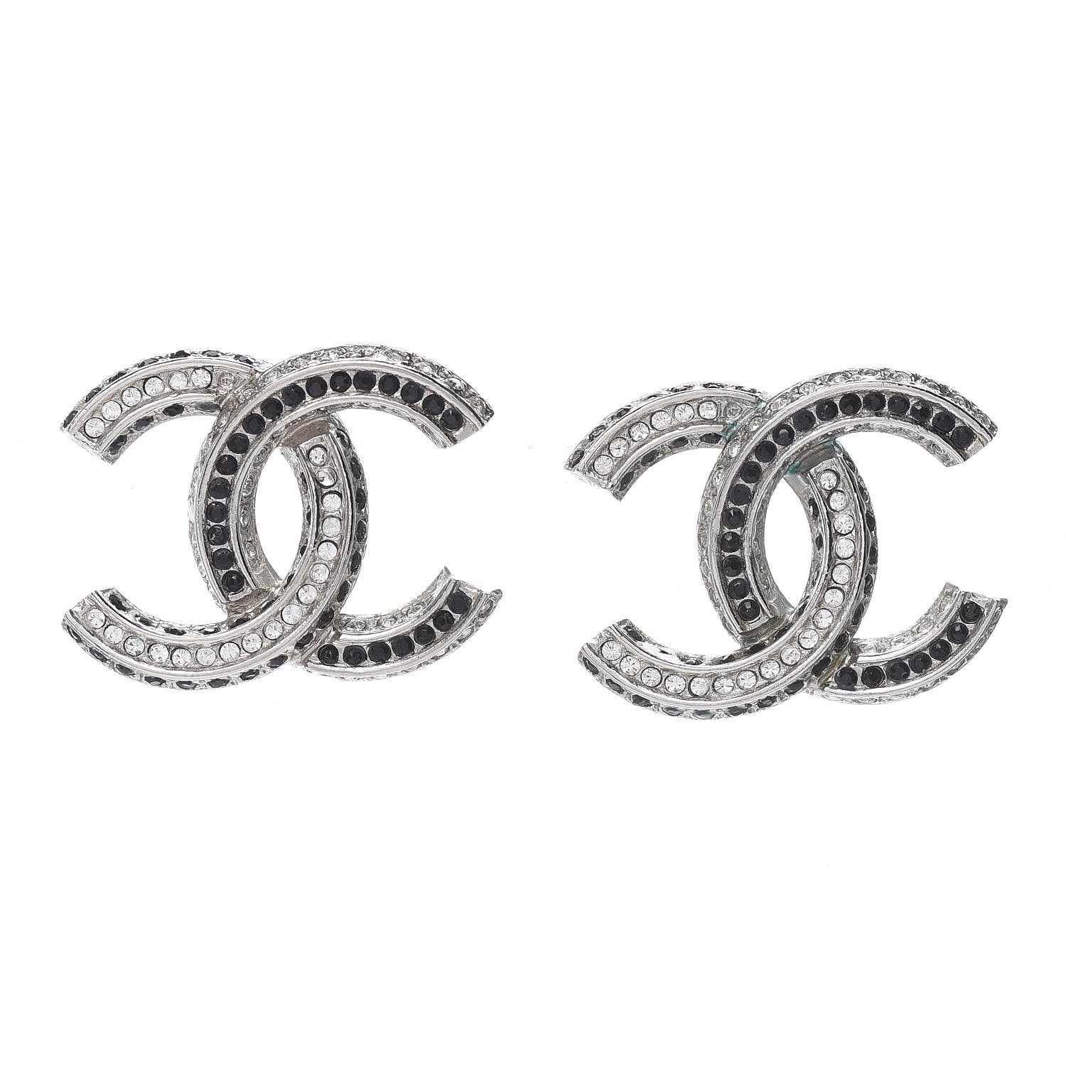 Chanel Crystal CC Earrings Silver Black 1 of 5