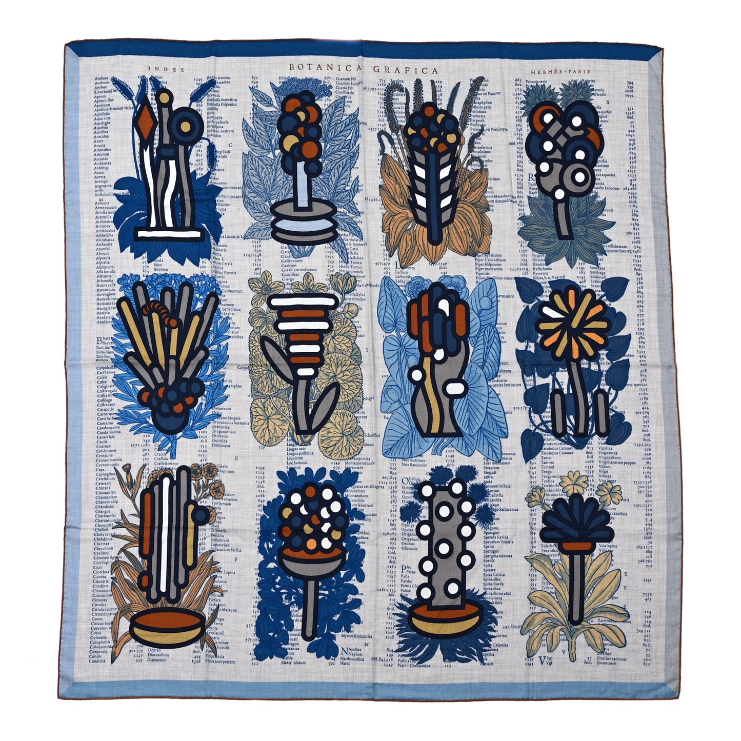 Cashmere Silk Botanica Grafica Shawl 140 Gris Chiné Bleu Noisette