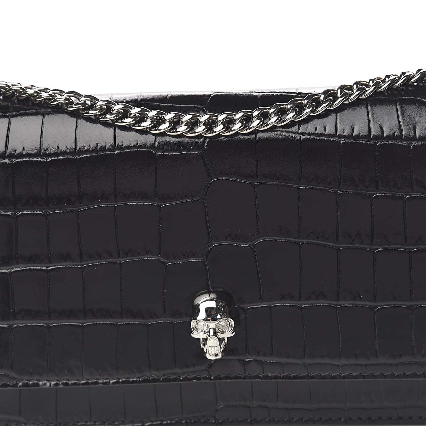 Calfskin Crocodile Embossed Skull Mini Crossbody Bag Black