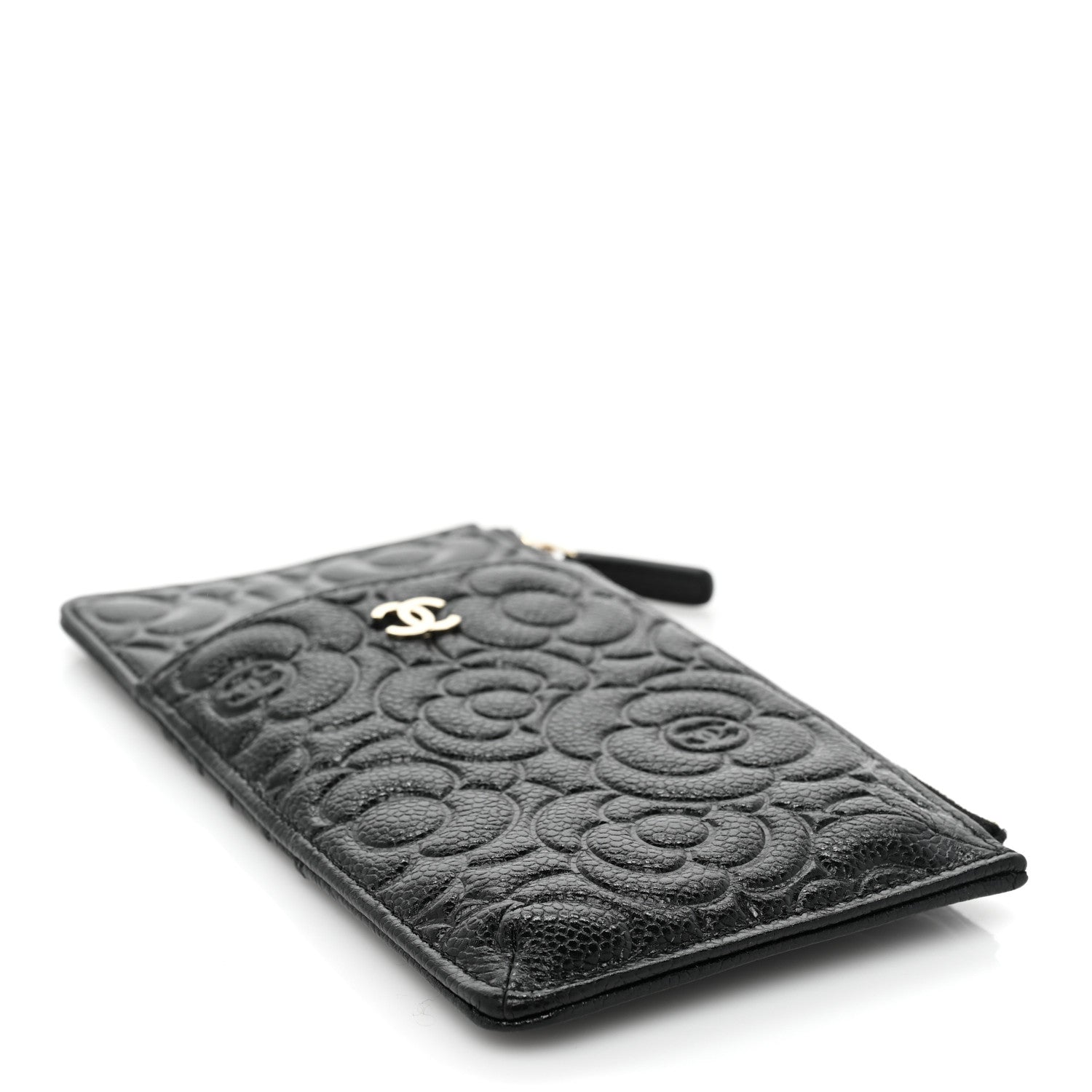 Chanel Caviar Camellia Embossed Classic Flat Wallet Pouch Black 4 of 9