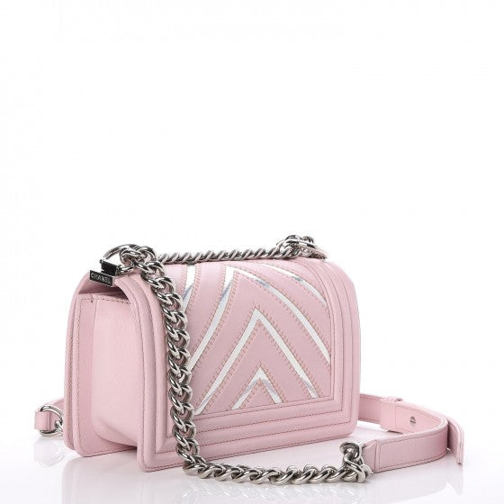Lambskin Iridescent PVC Chevron Quilted Small Boy Flap Light Pink Silver