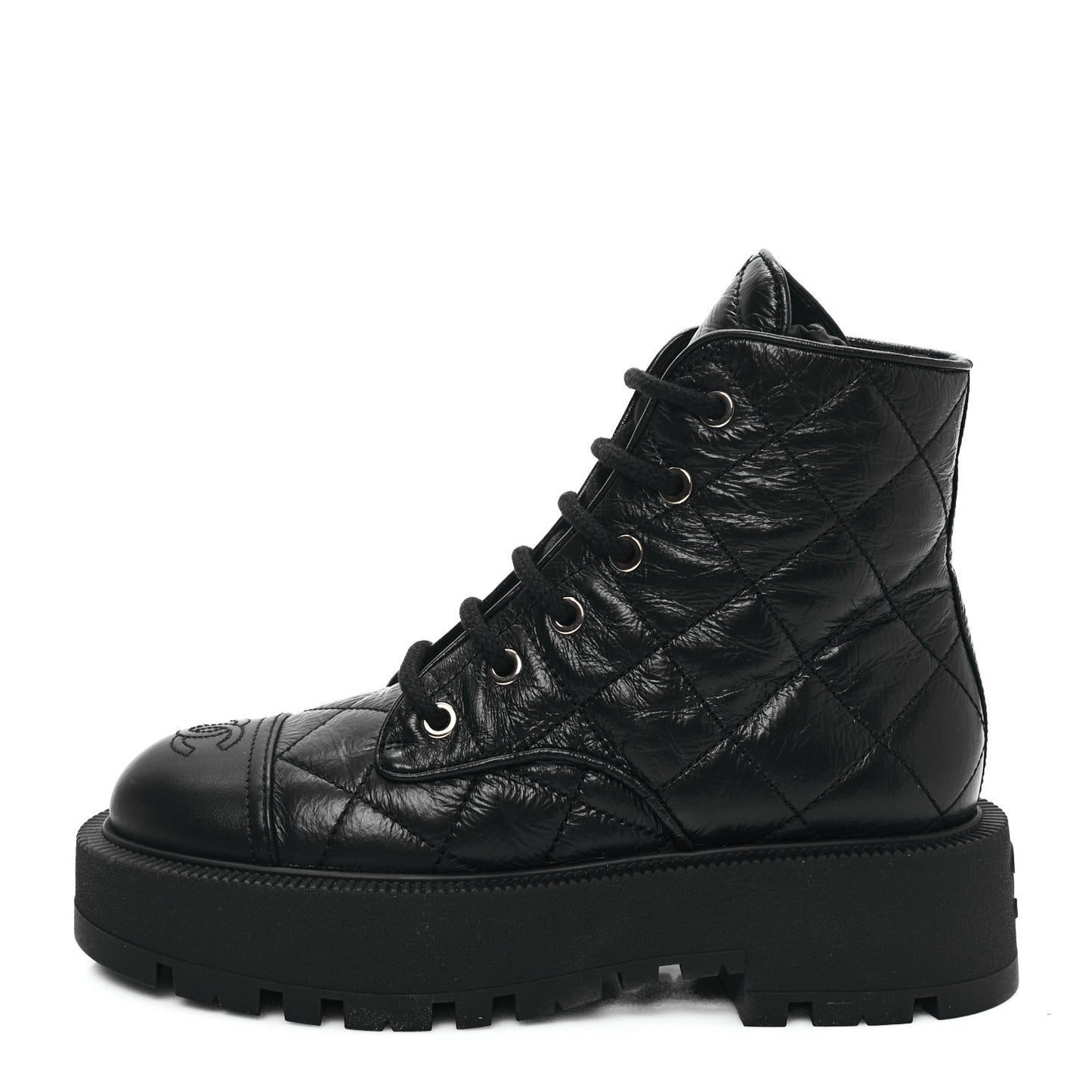 Crumpled Lambskin Quilted Platform Lace Up Combat Boots 36 Black
