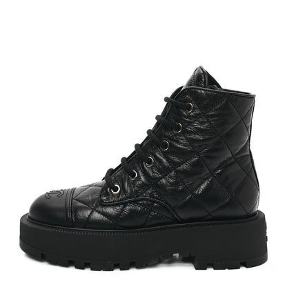 Chanel Crumpled Lambskin Quilted Platform Lace Up Combat Boots 36 Black 1 of 8