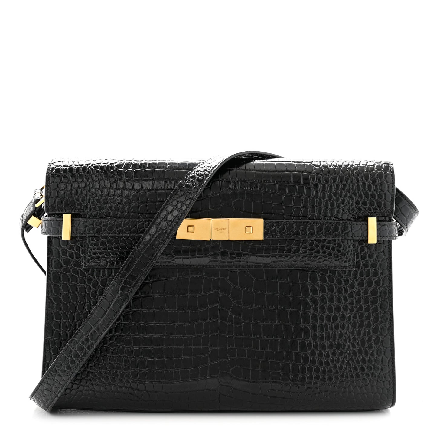 Shiny Calfskin Crocodile Embossed Manhattan Baguette Black