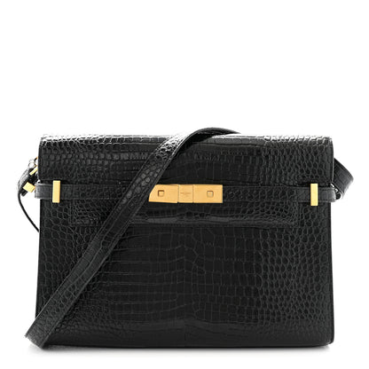 Saint Laurent Shiny Calfskin Crocodile Embossed Manhattan Baguette Black 1 of 10