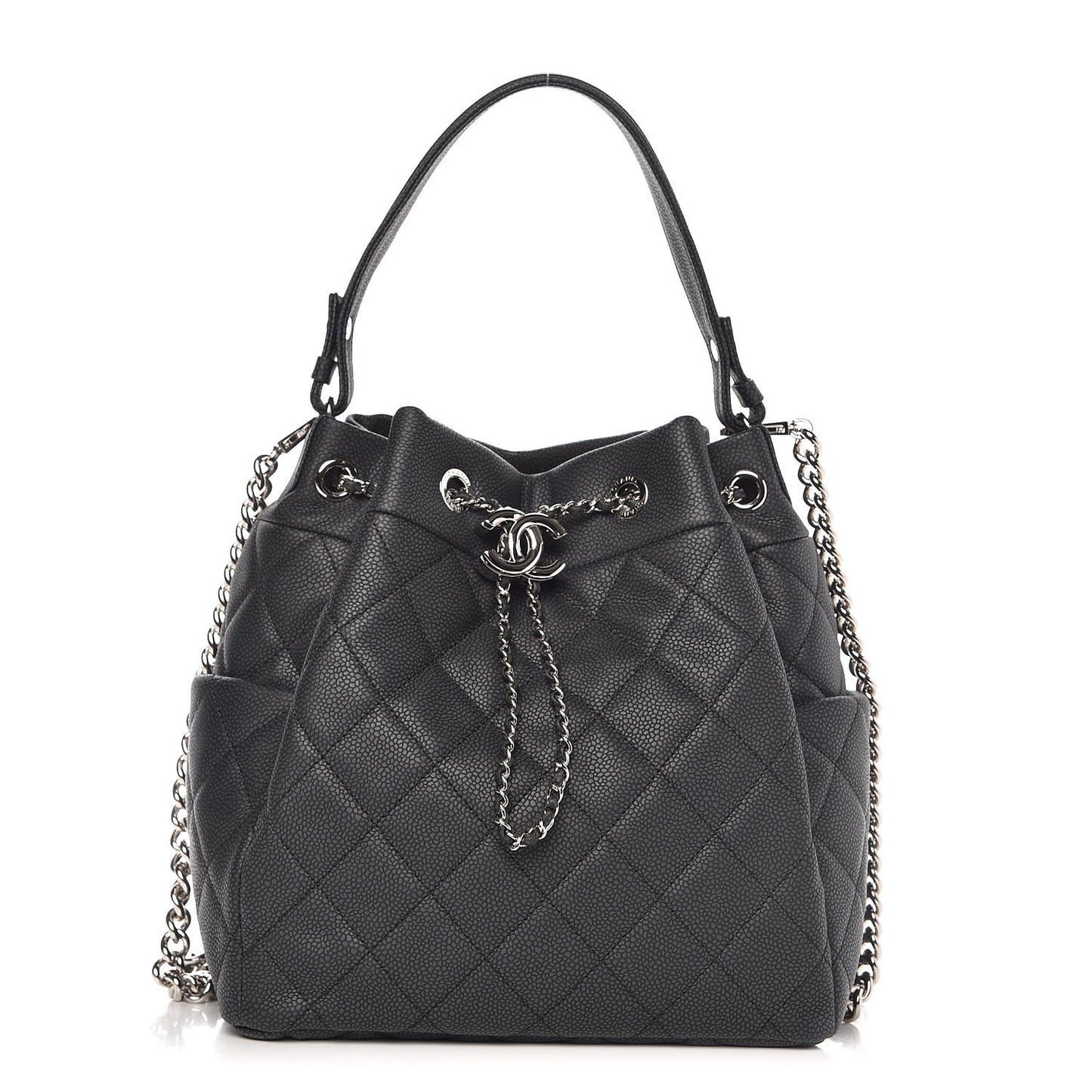 Caviar Flat Quilted CC Chain Bucket Drawstring Bag Black
