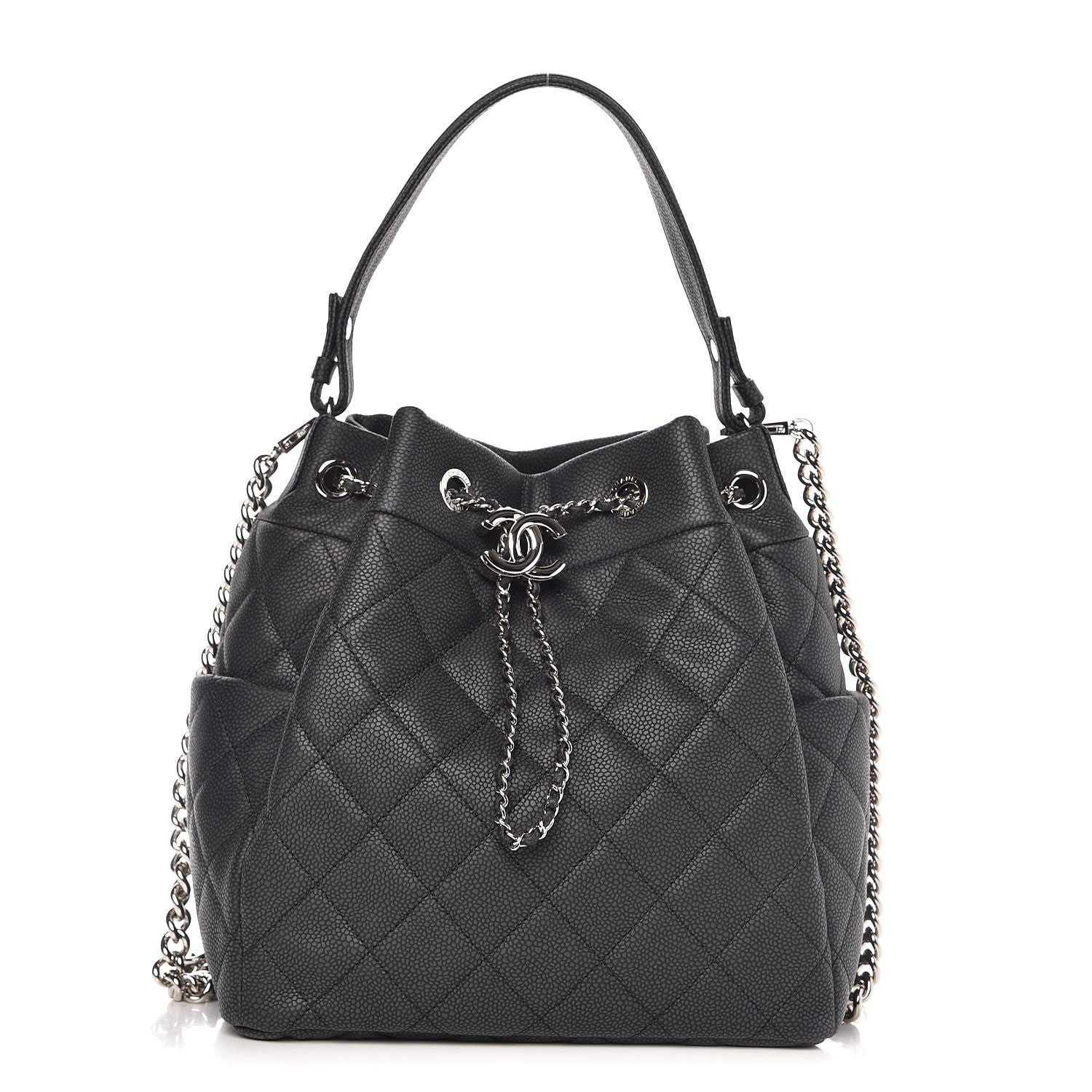 Chanel Caviar Flat Quilted CC Chain Bucket Drawstring Bag Black 1 of 8