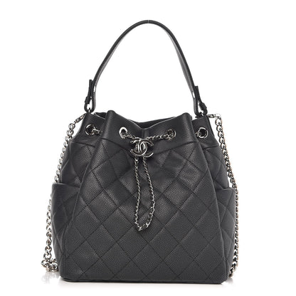 Chanel Caviar Flat Quilted CC Chain Bucket Drawstring Bag Black 1 of 8