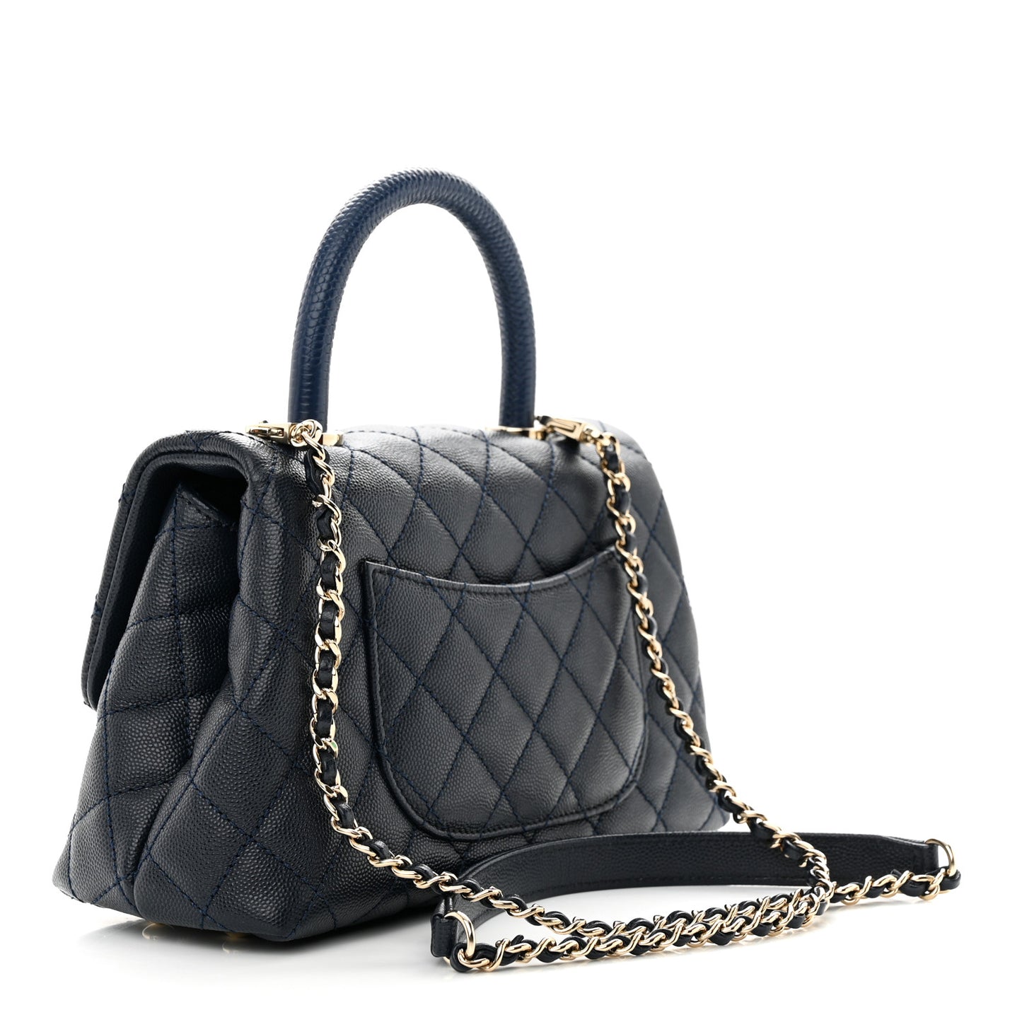Caviar Quilted Lizard Embossed Mini Coco Handle Flap Dark Blue