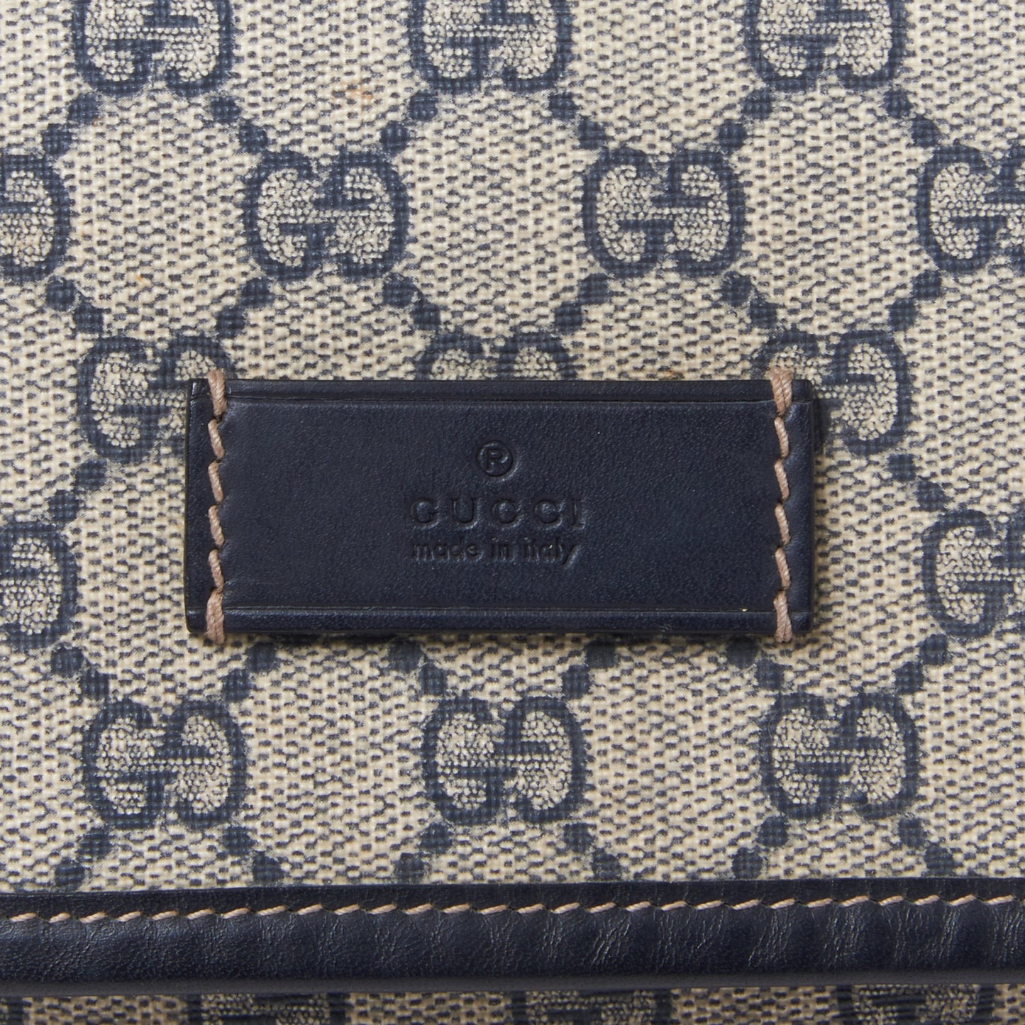 GG Plus Monogram Large Double Buckle Flap Messenger Bag Beige Navy