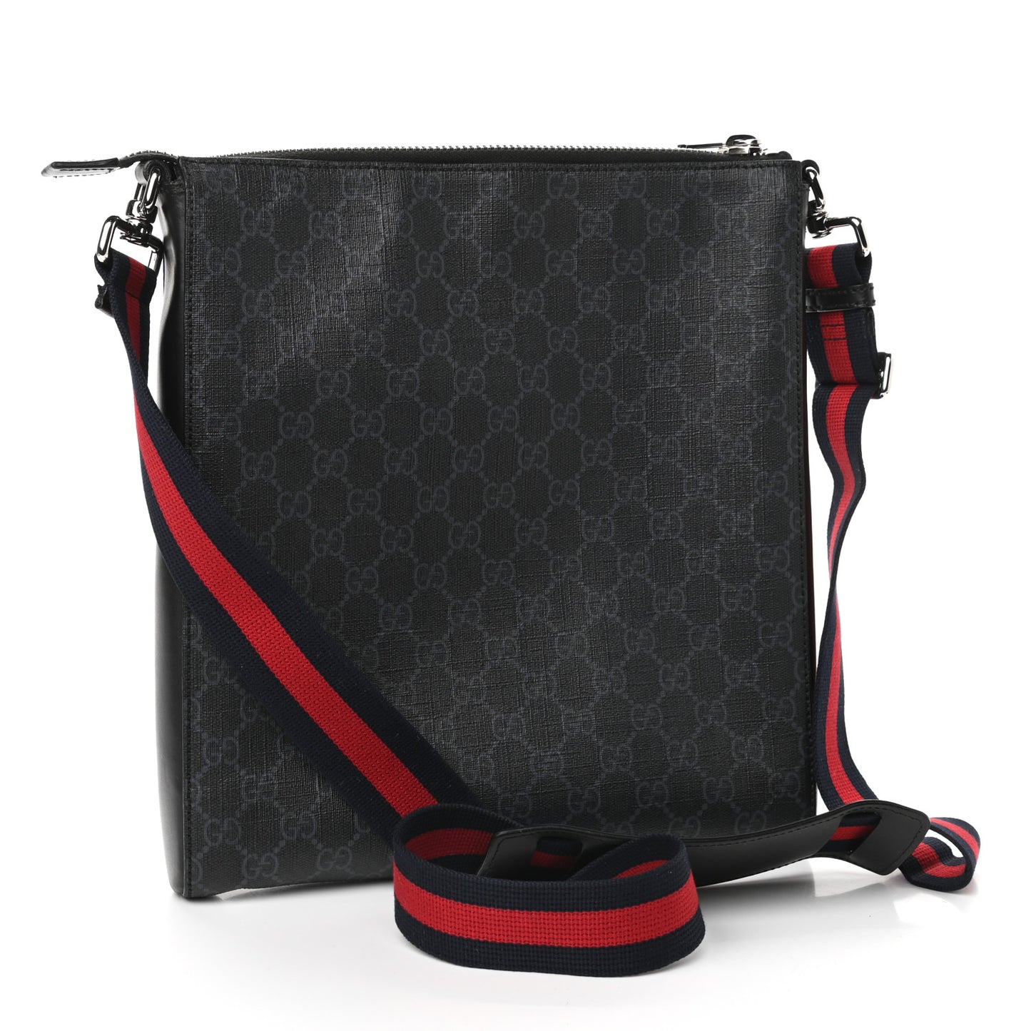 GG Supreme Monogram Appia Calfskin Web Flat Messenger Bag Black Grey