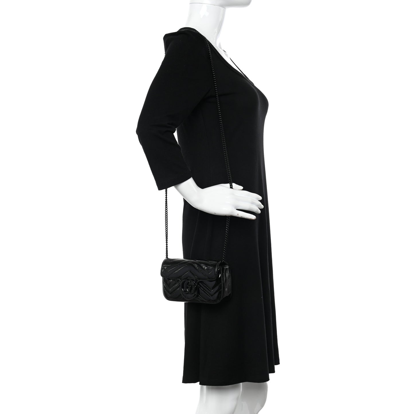 Patent Lambskin Enamel Matelasse Monochrome Super Mini GG Marmont Shoulder Bag Black