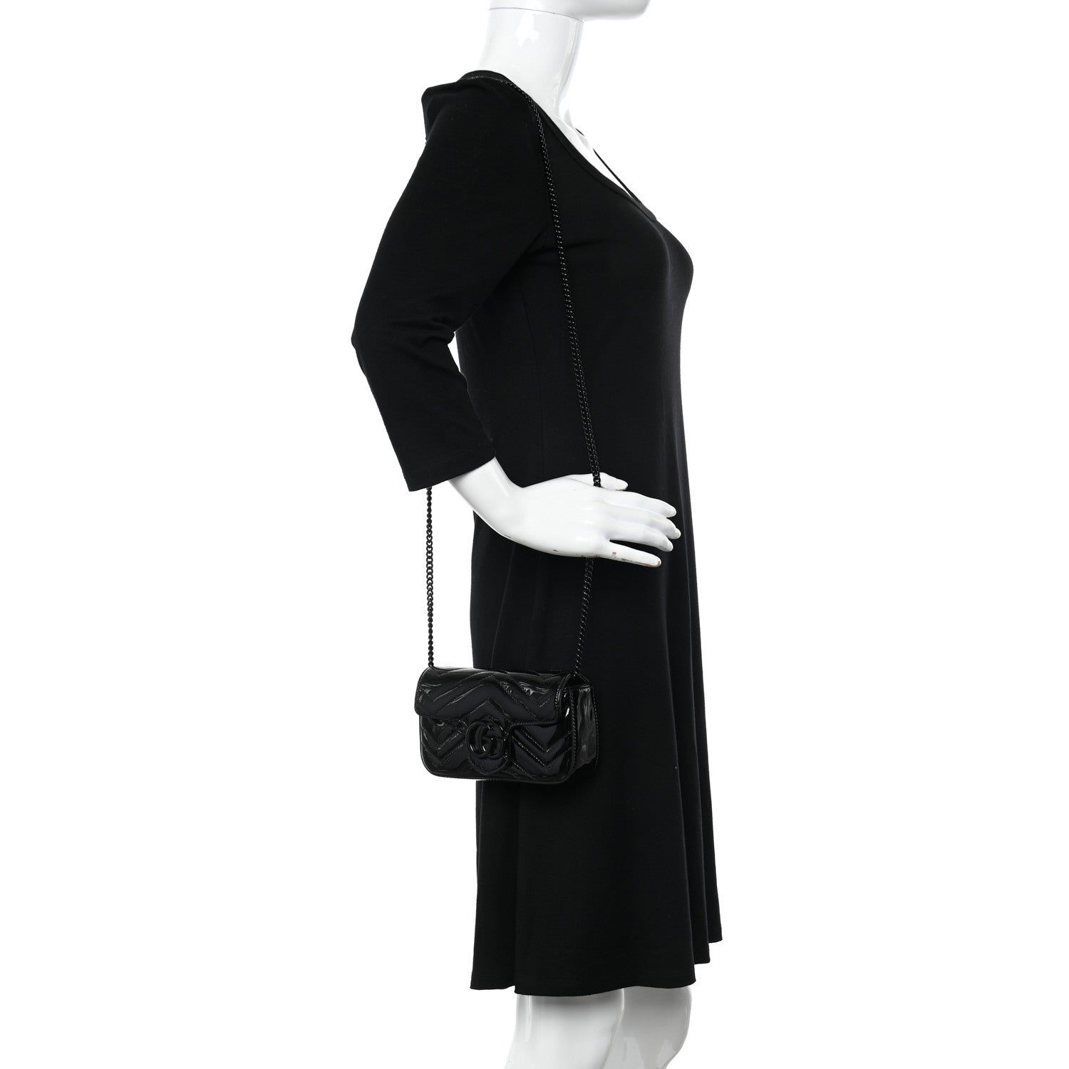 Gucci Patent Lambskin Enamel Matelasse Monochrome Super Mini GG Marmont Shoulder Bag Black 2 of 9