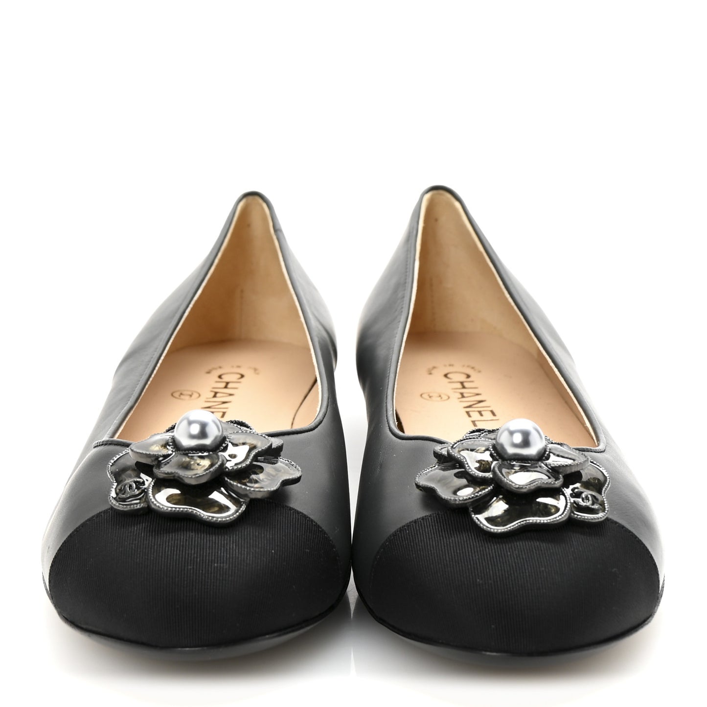 Lambskin Grosgrain Camellia Ballerina Flats 40 Dark Grey Black