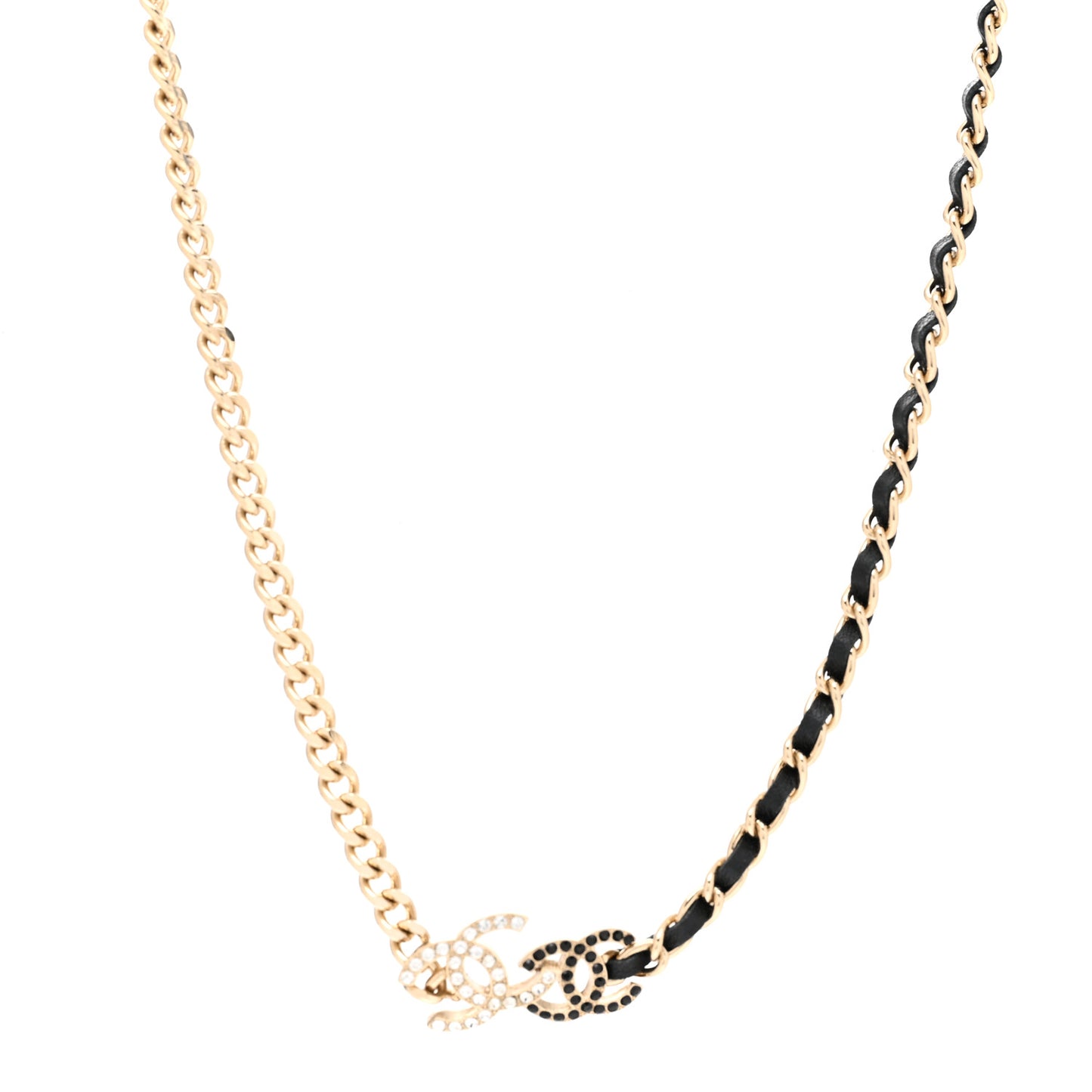 Metal Calfskin Crystal Double CC Short Necklace Black Gold