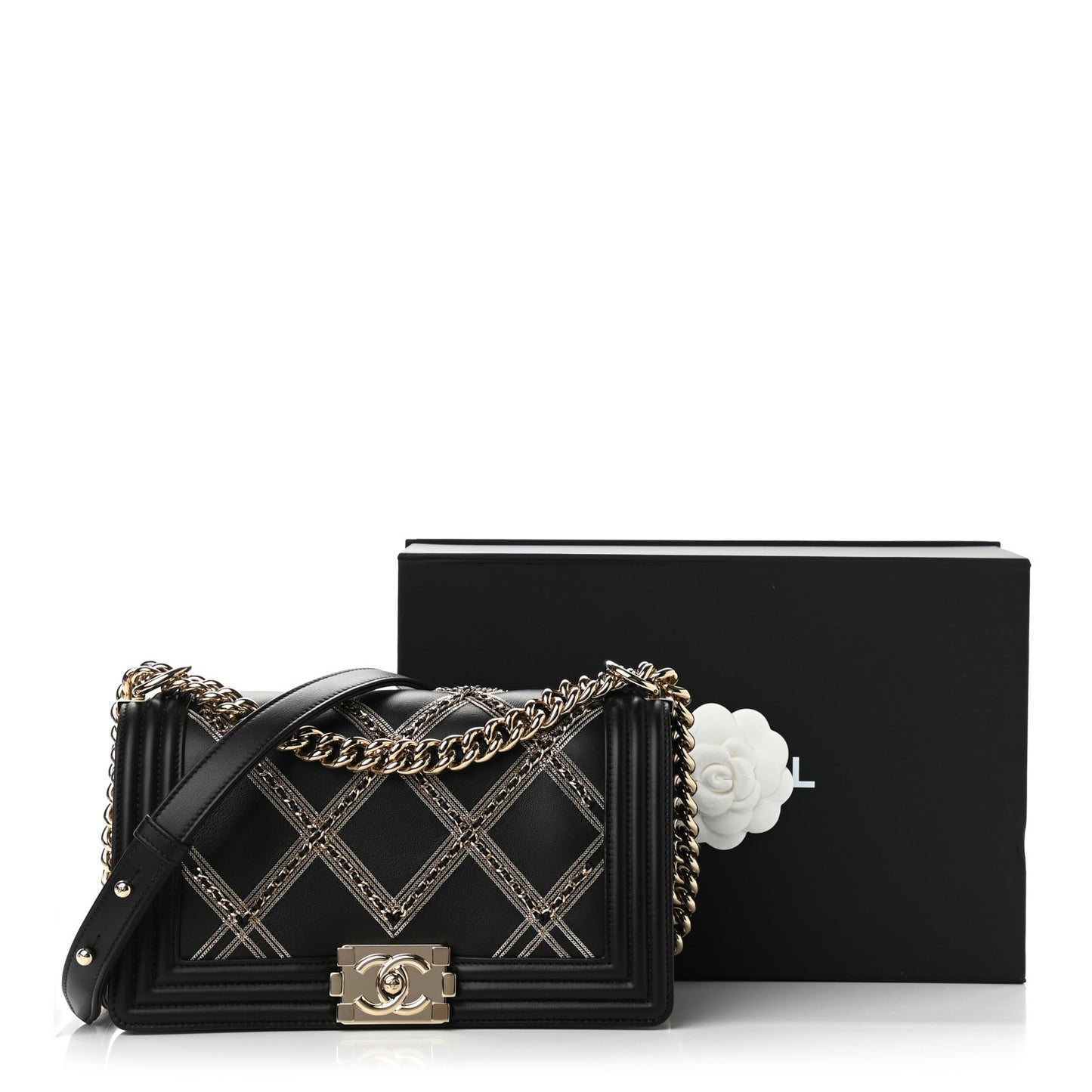 Calfskin Quilted Medium Chain Boy Flap Black