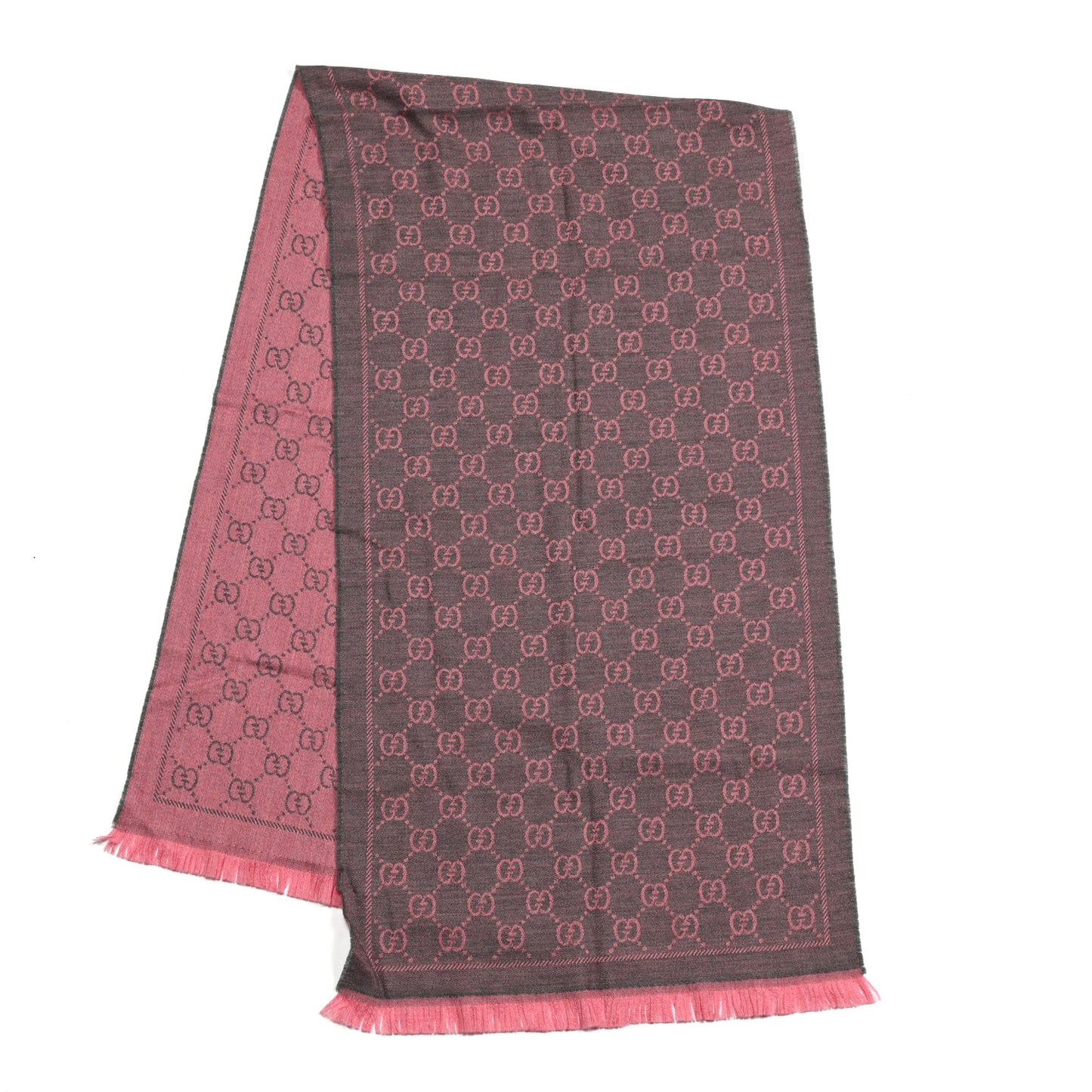 Wool Jacquard GG Monogram Sten Fringe Scarf Graphite Pink