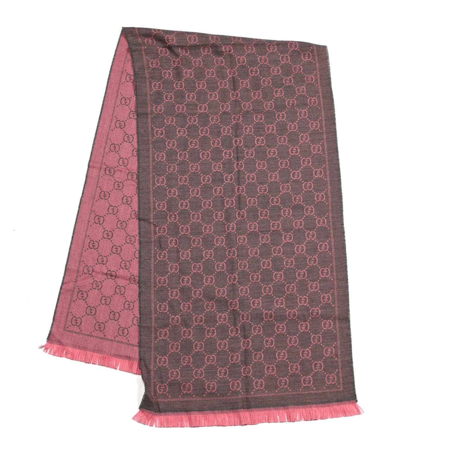 Gucci Wool Jacquard GG Monogram Sten Fringe Scarf Graphite Pink 3 of 10