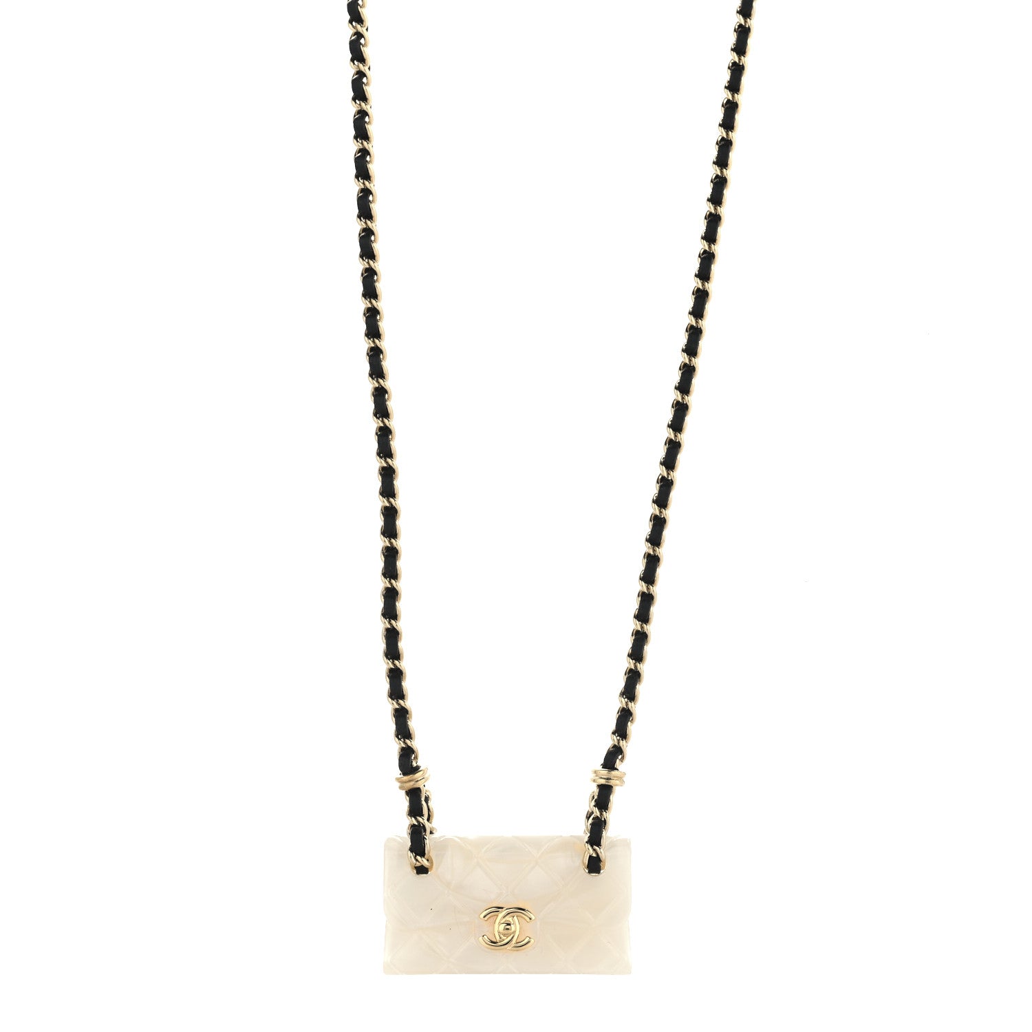 Chanel Lambskin Metal Resin Quilted Flap Bag Necklace Gold Black Pearly White 1 of 5