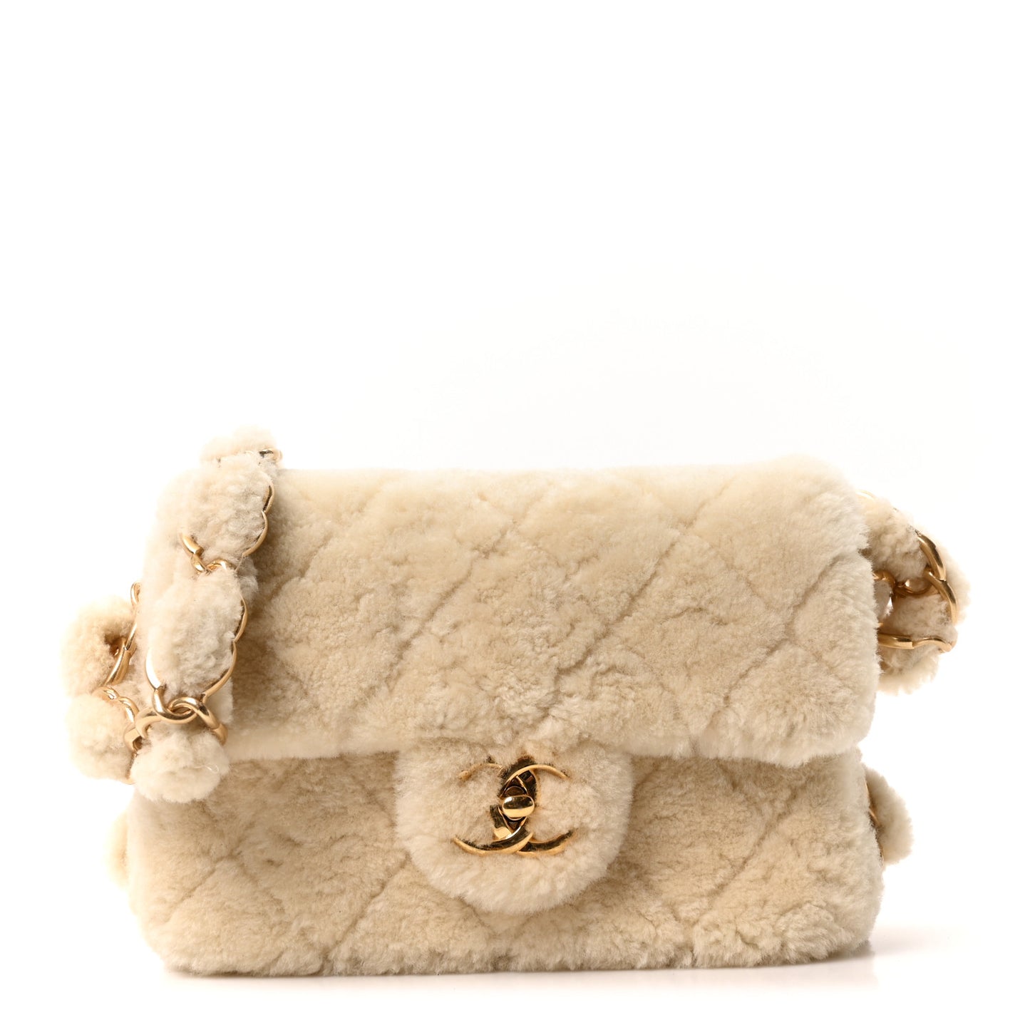 Shearling Lambskin Quilted Small CC Chain Flap Ecru