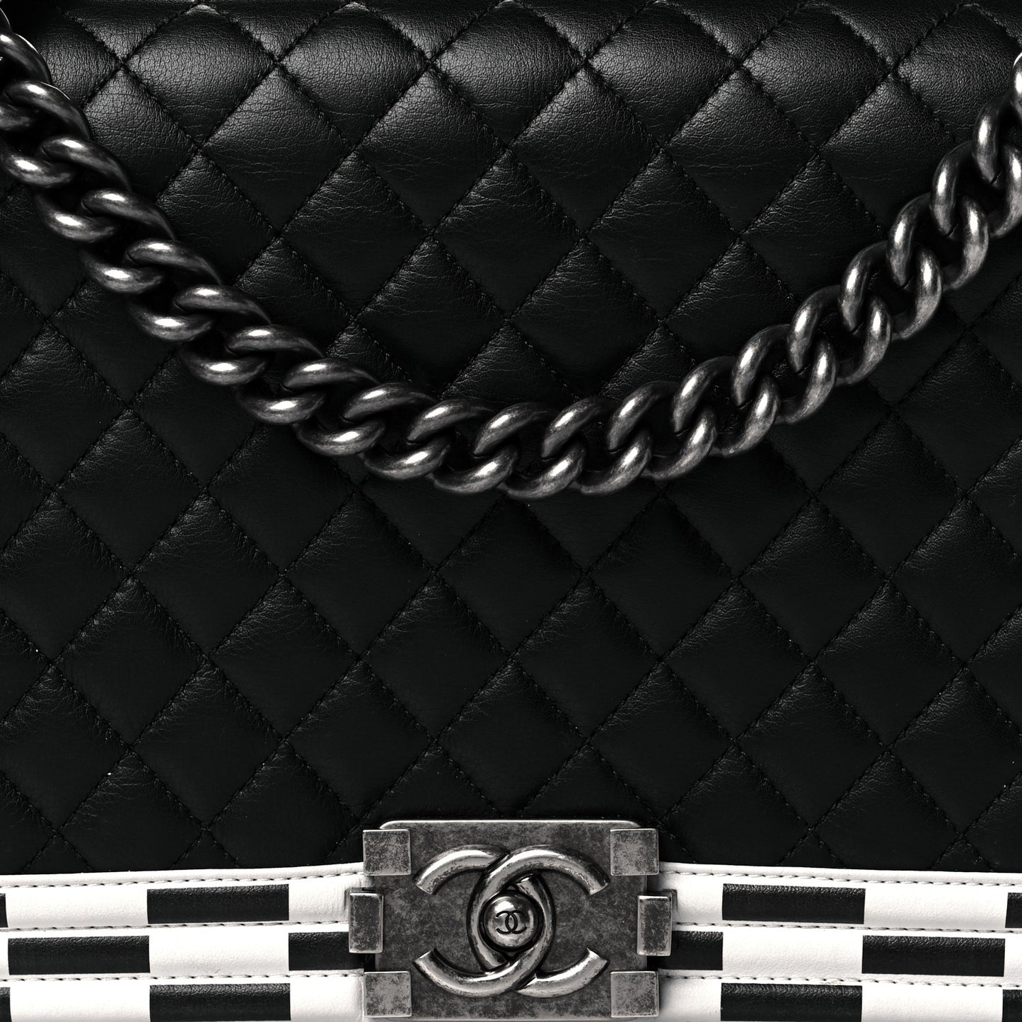 Calfskin Quilted Checkerboard Trim New Medium Boy Flap Black White