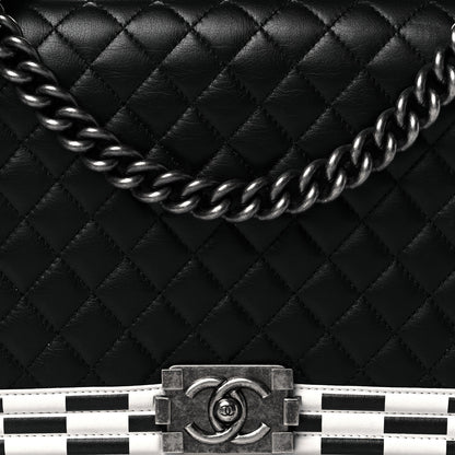 Chanel Calfskin Quilted Checkerboard Trim New Medium Boy Flap Black White 8 of 10
