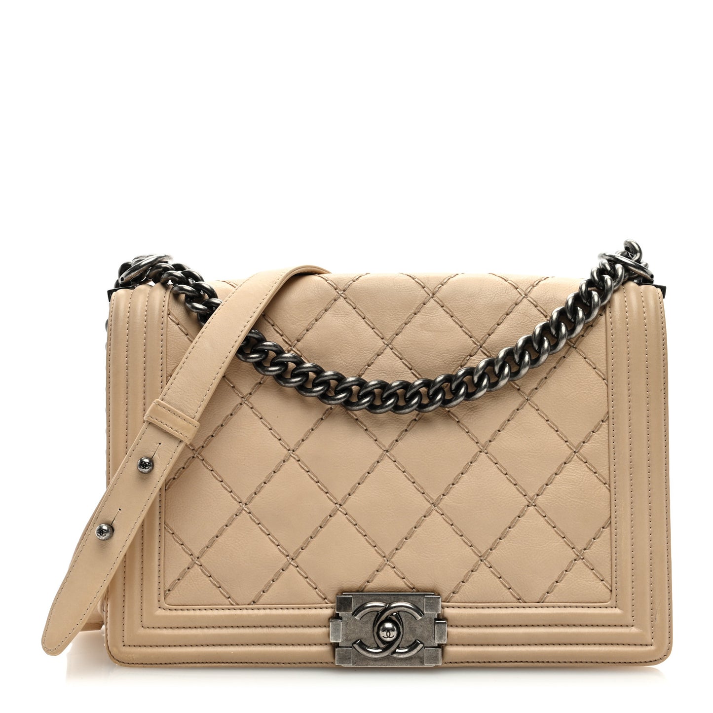 Calfskin Quilted Double Stitch New Medium Boy Flap Beige