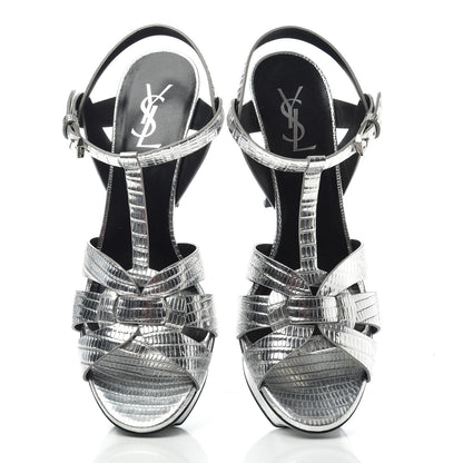 Saint Laurent Metallic Calfskin Lizard Embossed Tribute 75 Platform Sandals 40 Silver 5 of 10
