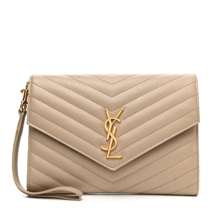 Saint Laurent Grain De Poudre Matelasse Chevron Monogram Envelope Clutch Dark Beige 1 of 7