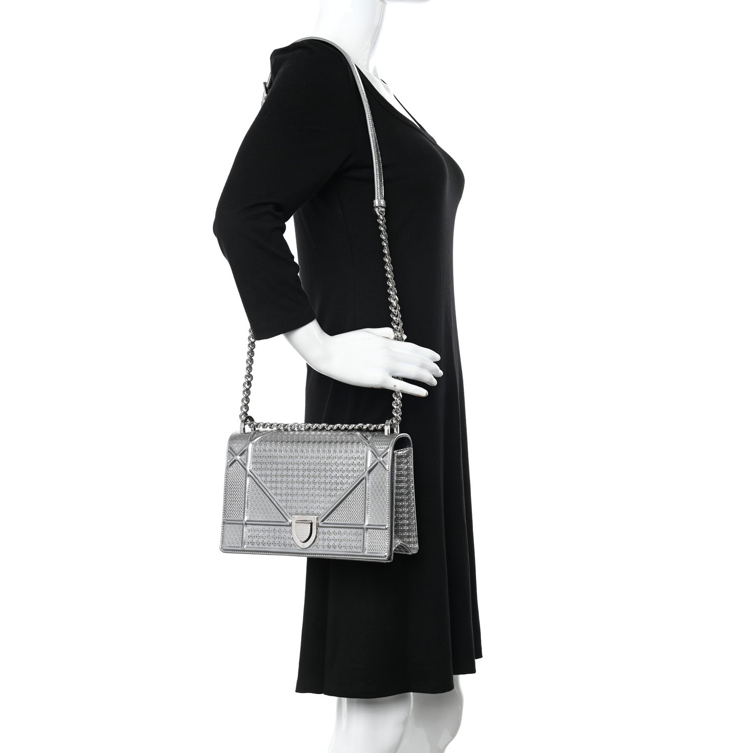 Christian Dior Metallic Patent Micro-Cannage Medium Diorama Flap Bag Silver 2 of 9