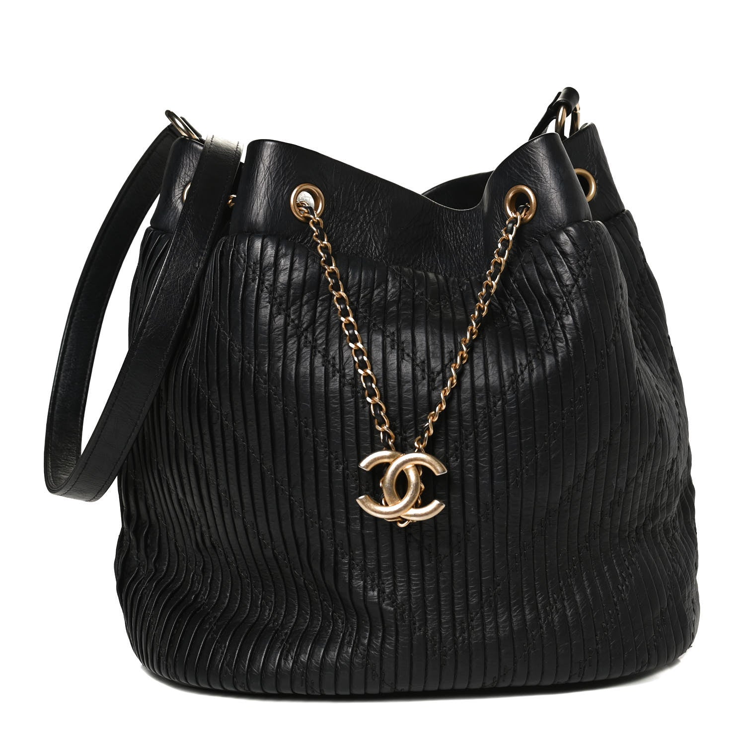 Chanel Iridescent Crumpled Calfskin Coco Pleats Drawstring Bag Black 1 of 12