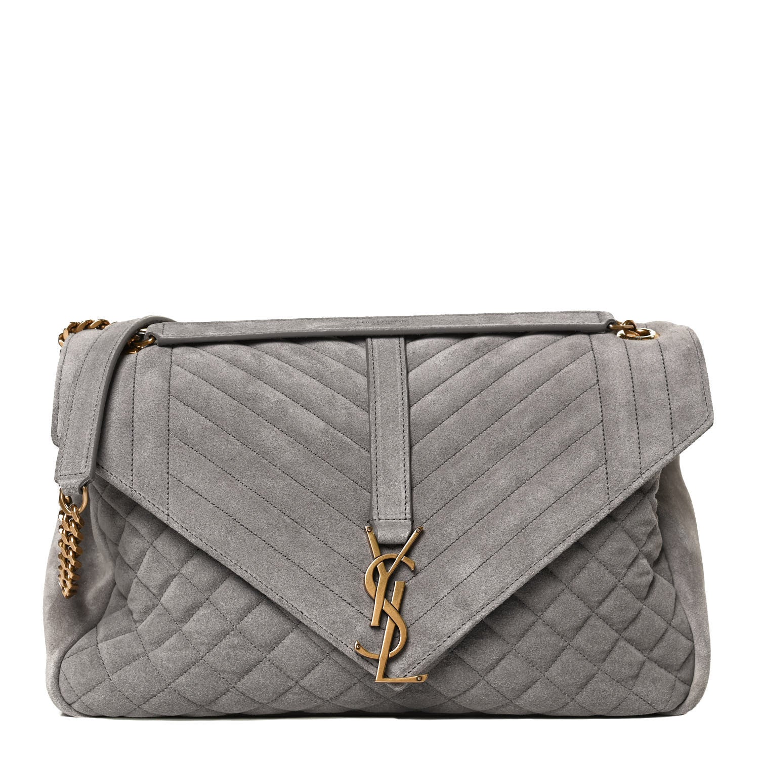 Saint Laurent Suede Mixed Matelasse Tri-Quilt Large Monogram Envelope Satchel Grey 1 of 13