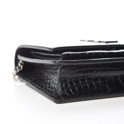 Saint Laurent Calfskin Crocodile Embossed Monogram Sunset Chain Wallet Black 10 of 12