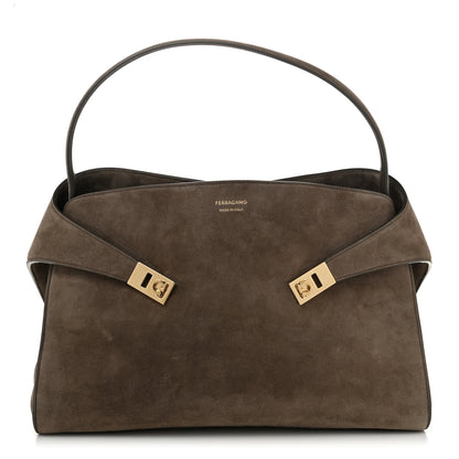 Salvatore Ferragamo Suede Large Hug Soft Shoulder Bag Concrete 1 of 10