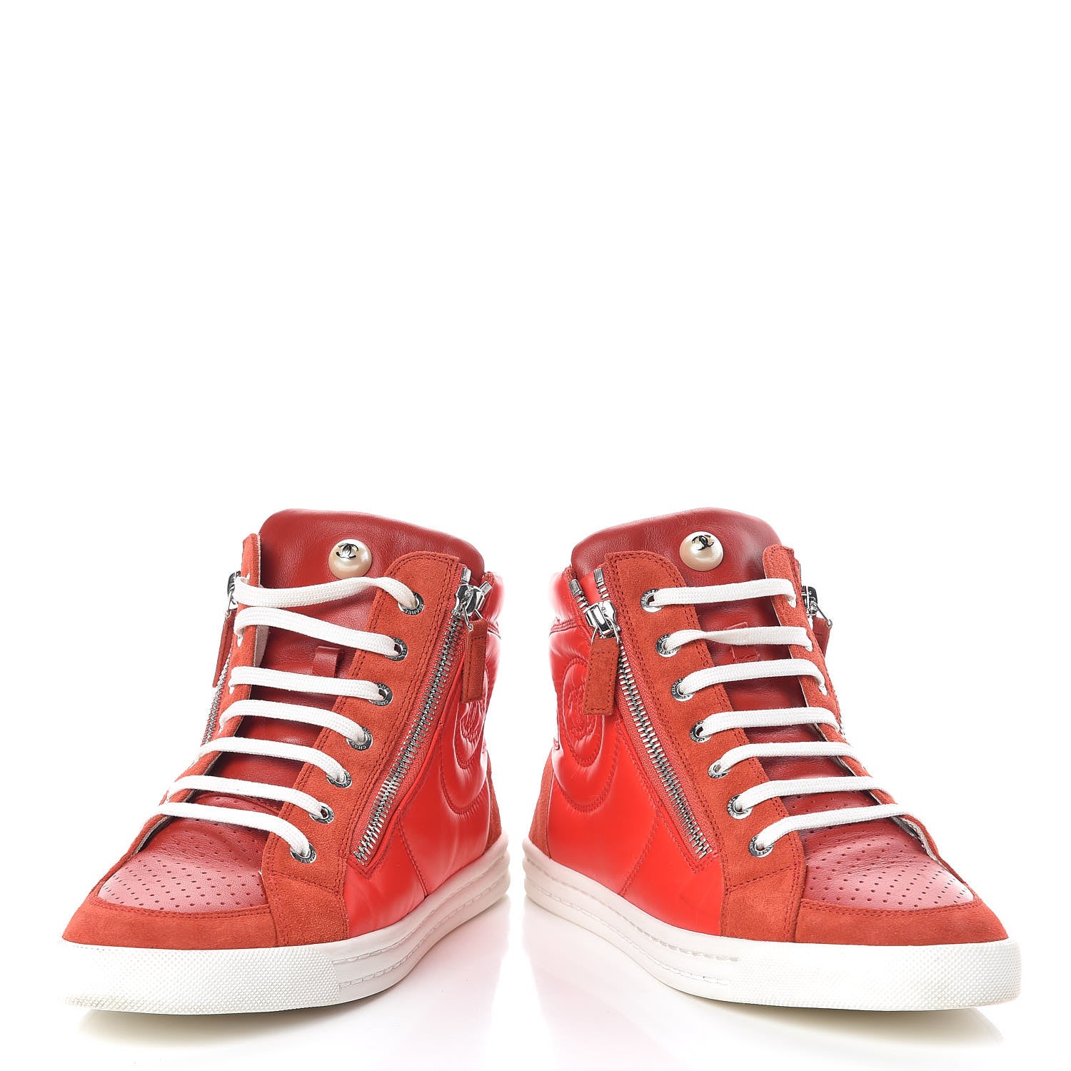 Chanel Calfskin Pearl High Top CC Sneakers 38 Red 6 of 10