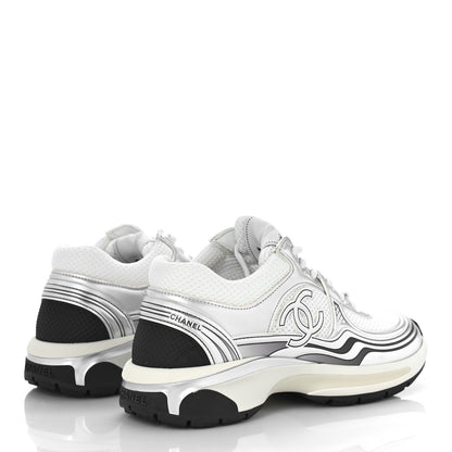 Chanel Fabric Laminated Calfskin Stretch CC Sneakers 37 White Silver 3 of 9