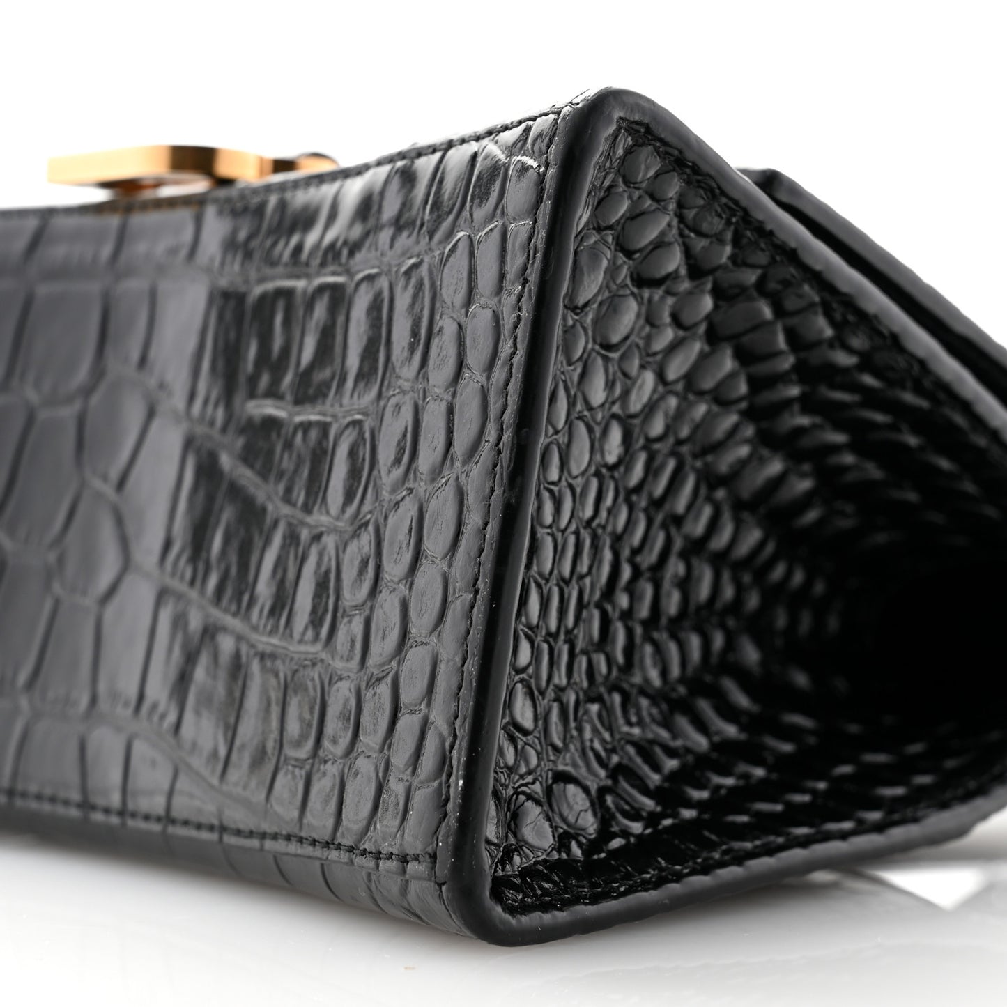 Shiny Calfskin Crocodile Embossed Small Hourglass Top Handle Bag Black