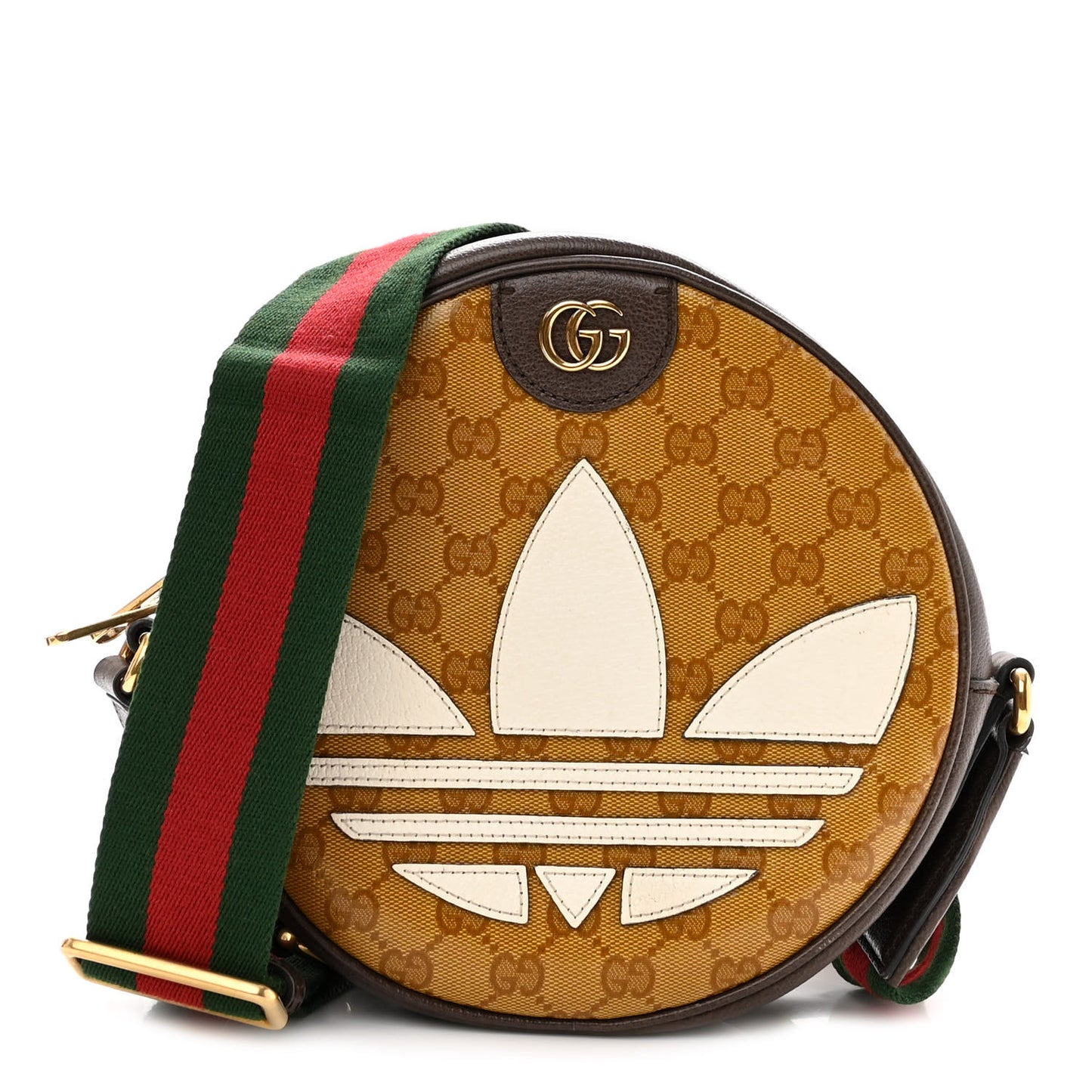 X ADIDAS Crystal Vintage Monogram Textured Dollar Calfskin Web Trefoil Small Ophidia Round Shoulder Bag Mid Natural Nut Off White New Acero