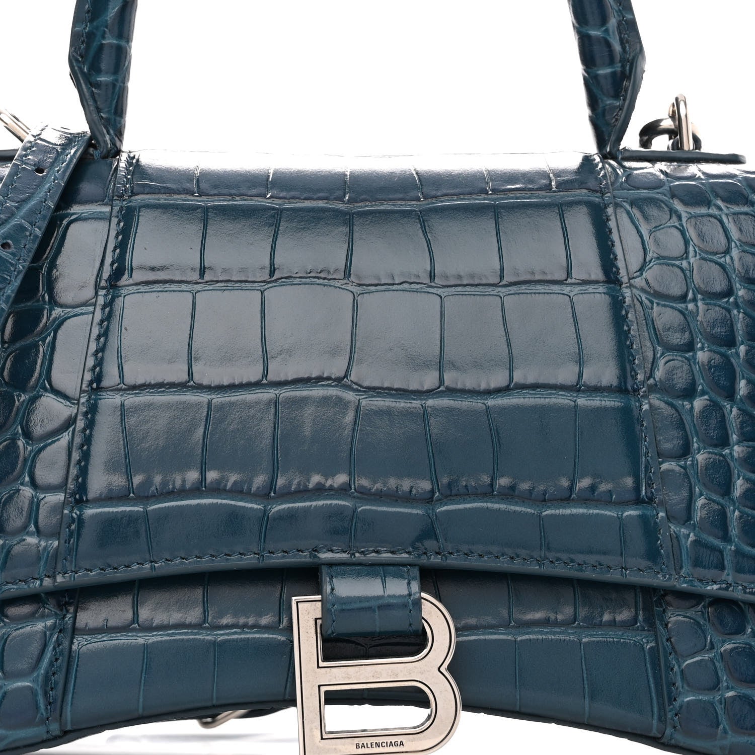 Balenciaga Shiny Calfskin Crocodile Embossed Small Hourglass Top Handle Bag Dark Petrol Blue 7 of 9