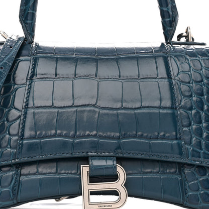 Balenciaga Shiny Calfskin Crocodile Embossed Small Hourglass Top Handle Bag Dark Petrol Blue 7 of 9